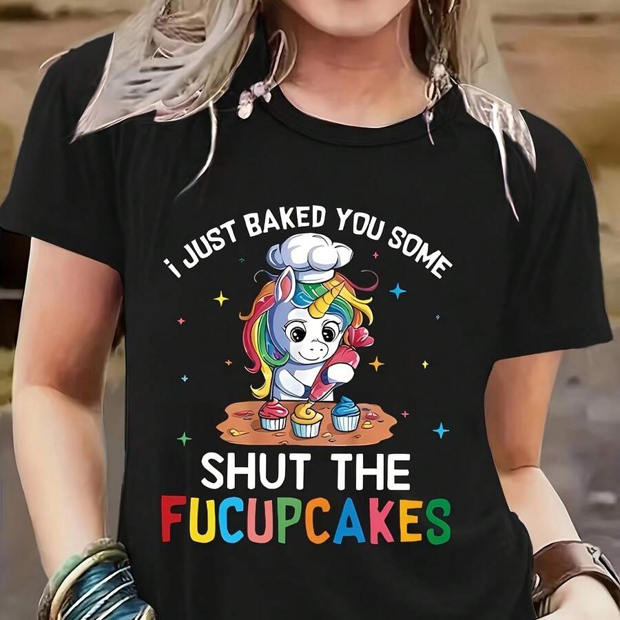 Camiseta com estampa gráfica e de letras, blusa casual de manga curta com gola redonda para primavera e verão, roupa feminina, camiseta feminina de Páscoa e presentes de feriado. - Preto - Ver 1