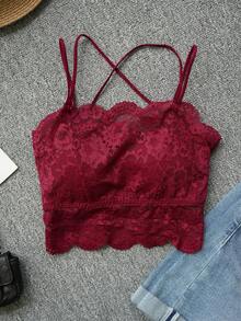 Rikumo New Spring/Summer Back-To-School Cute & Sexy Pure Lace Camisole With Padded Bra, Solid Color Women's Underwear Top Casual Red - Red - View 3