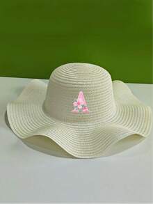 1顶女童A-Z粉色花朵字母白色优雅草帽宽檐防晒时尚外出/度假 - 白色 - 查看 5