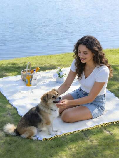 Waterproof Soft Flannel Plaid Picnic Mat, Outdoor Camping Blanket, White And Yellow Patchwork Pattern, Portable Non-Woven Camping Ground Mat, INS Style Pattern Camping Blanket, Travel Beach Park Lawn Supplies, Portable Lightweight Foldable Durable Multipurpose Mat Cushion Carpet, Suitable For Holiday, Summer, Spring Picnic, Hiking, Adventure, Beach, Outdoor Party, Camping, Festival Gifts