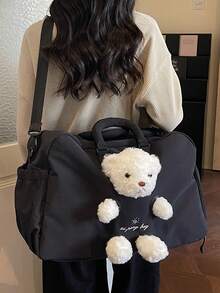 Large Capacity Multi-Functional Cute Plush Bear Decor Travel Bag, Colorblock Design With Built-In Wet & Dry Separation Compartment, Shoe Compartment, Suitable For Short Trips, Weekend Getaways, Gym/Yoga, Student Campus Use - Multicolor - View 3