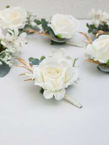 1pc/6pcs White Airen Rose With White Daisy Baby's Breath Romantic Boutonniere, Suitable For Groom, Bride, Groomsman, Bridesmaid, Wedding, Engagement, Anniversary, Party - White - View 3