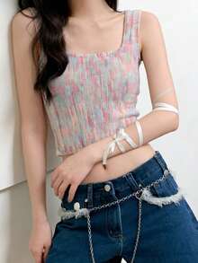 Áo tank top ngắn tay cổ vuông màu hồng nhạt phong cách Y2K mùa hè, thoáng khí, đa năng, thích hợp mặc hàng ngày. - Hồng - Xem 4