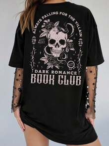 Camiseta holgada casual con eslogan y estampado de calavera para mujer talla grande, estilo callejero para el verano - Negro - Ver 4