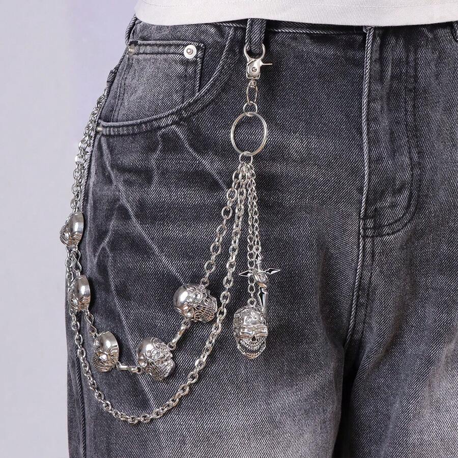 1pc Fashion Skull Multilayer Waist Chain, Metal Chain Hip Hop Jeans Decor Chain, Personalized Cross Pants Chain For Daily Wear - Silver - View 1