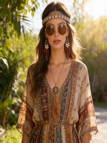 4-Piece Retro 60s Hippie Handmade Beaded Headpiece + Brown Glasses + Tassel Feather Earrings + Feather Necklace, 4-Piece Festival Party Costume, Bohemian Women's Role-Play Costume Accessories Masquerade Dress Set Small Gift. Halloween - Multicolor - View 4