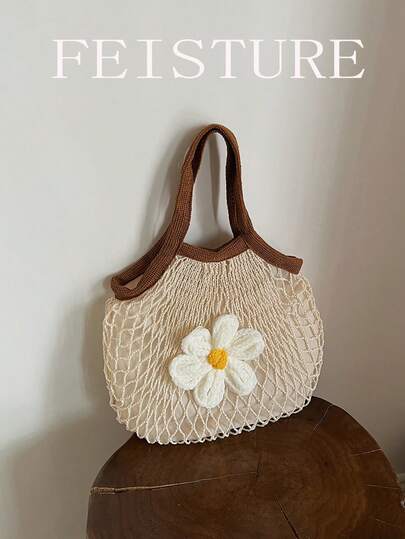 Women's Hollow Out Beach Tote Bag, Floral Handbag, Holiday Travel