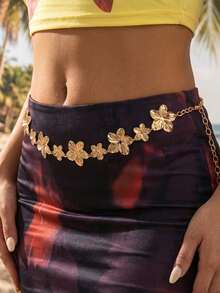 1pc Vintage Exaggerated Asymmetrical Plumeria Body Chain, Metal Carved Waist Chain, Beach Resort Party Jewelry Body Accessory - Gold - View 4