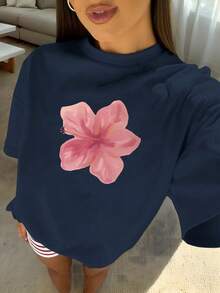1pcs Plus Size Women's Loose Fit T-Shirt, Printed With Watercolor Pink Hibiscus Flowers, Perfect For Tropical Vacations, Beach Dates, Summer Parties - 藏蓝色 - 查看 10