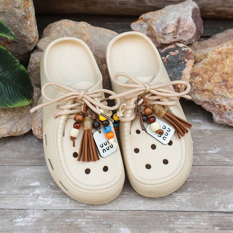 Women's Lightweight Breathable Beaded Tassel Hollow Slip-On Mule Sandals, Retro Style - Coffee Brown - View 1