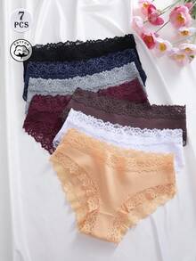 7pcs Solid Color Cotton Lace Patchwork Ribbed Sexy Romantic Comfortable Low Waist Women's Triangle Panties - Multicolor - View 5