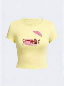 Camiseta feminina curta e ajustada com gola redonda, estampa divertida de cachorro-quente com dachshund, estilo retrô americano, blusa versátil ideal para férias na praia, viagens para ilhas, festivais de música de verão, encontros na praia e passeios casuais com as amigas. - Amarelo - Ver 2