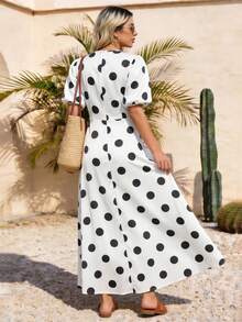 1 chiếc đầm ngắn tay chấm bi kiểu dáng thanh lịch, thoải mái, chất liệu vải dệt, có khóa kéo, dành cho nữ, thích hợp mặc đi biển, nghỉ mát hoặc mặc hàng ngày. - trắng - Xem 5