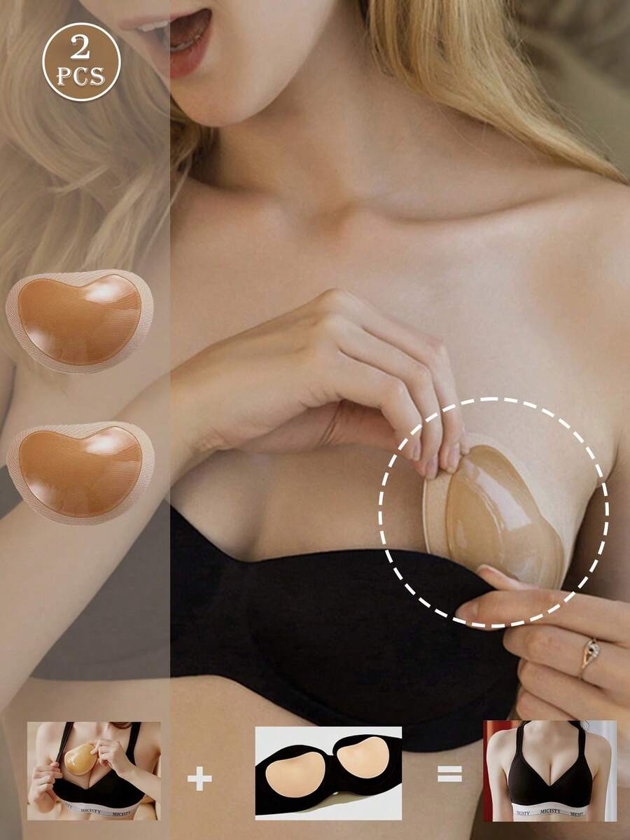 2PCS/1pair Chest Pad Bikini Set Women's Invisible Padding Hook And Loop Bra Inserts Sponge Bra Breast Push Up Pads Swimsuit Silicone Bra Pad Thicker Nipple Cover Boob Pads Stickers Patch - Apricot - View 1
