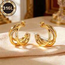 Hypoallergenic Stainless Steel Earrings | Combination Earrings, High-Quality Stainless Steel Women's Earrings, Non-Fading, Comfortable To Wear And Versatile, Minimalist And Elegant, Suitable For Daily Wear Or Parties, Fashion Women's Earrings, Jewelry Accessories, Exquisite Gift For Women - Gold - View 6