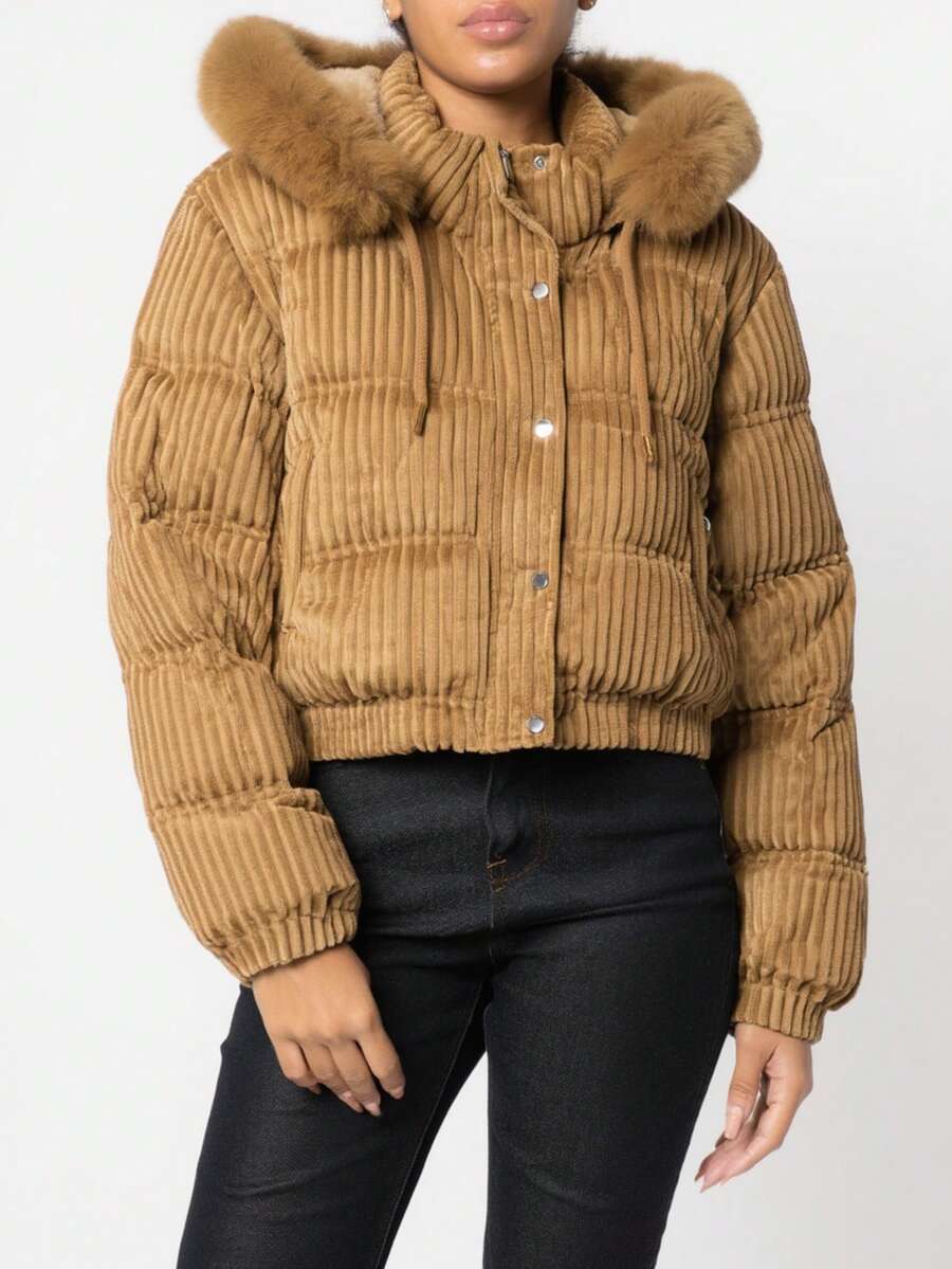 Women's Winter Puffer Jacket, Velvet, Corduroy - 駝色 - 查看 1