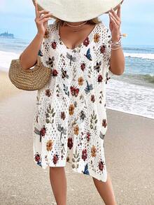 女士沙滩罩衫，时尚休闲镂空印花泳衣罩衫（不含泳衣） - 彩色 - 查看 3