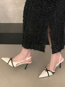 Zapatos de tacón alto con punta fina y lazo, de estilo Mary Jane, con perlas rojas, de tacón alto y sexy para mujeres - Beis - Ver 5