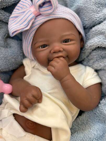 17英寸可爱重生娃娃，全硅胶材质，巧克力色肤色，逼真3D彩绘，触感柔软，新生儿玩具 | 儿童礼物，圣诞节，生日礼物