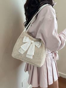 Large Capacity Woven Bag With Bow, Fashionable Straw Tote Bag, Summer Trending Shoulder Beach Bag - White - View 3