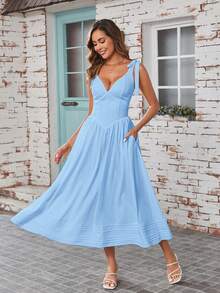 PARTHEA Đầm nữ thanh lịch màu đen, trắng, xanh dương dáng lửng, dây buộc nơ, thiết kế corset thắt eo xếp ly, dáng chữ A xòe nhẹ + túi + khoét lưng, đa năng cho cả đi chơi và dự tiệc. - Màu xanh nhạt - Xem 6