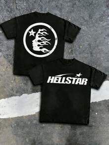 Hellstars Star Logo Flame Silhouette Retro T-Shirt Double Sided Printed (220g 100% Cotton T-Shirt), Summer Clothes, Men's Tops, Casual And Comfortable, Fashionable Graphic Tee, Unisex Style - Black - View 1