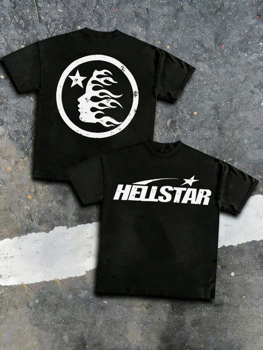 Hellstars Star Logo Flame Silhouette Retro T-Shirt Double Sided Printed (220g 100% Cotton T-Shirt), Summer Clothes, Men's Tops, Casual And Comfortable, Fashionable Graphic Tee, Unisex Style - Black - View 1