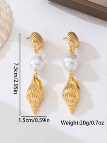 1 Pair Fashion Personalized Pearl Shell Decor Dangle Earrings, Suitable For Women's Party, Gathering, Beach Holiday Wear, Gift - Yellow Gold - View 2
