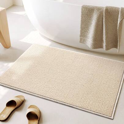 1 pieza Alfombra de baño de material de arpillera sintética blanca, súper absorbente, antideslizante, de secado rápido, lavable a máquina, ligera y suave, adecuada para sala de estar, dormitorio, estudio, entrada, comedor, lavandería, ducha, bañera, decoración de piso, hogar personalizado, hogar de moda, alfombra de baño, alfombra de sala de estar, alfombra de dormitorio, alfombra de cocina, alfombra decorativa de baño, alfombra de baño, felpudo, alfombra de entrada, alfombra decorativa de baño, alfombra de decoración de primavera/verano para el hogar, artículo esencial de decoración de baño
