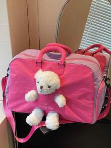 Large Capacity Multi-Functional Cute Plush Bear Decor Travel Bag, Colorblock Design With Built-In Wet & Dry Separation Compartment, Shoe Compartment, Suitable For Short Trips, Weekend Getaways, Gym/Yoga, Student Campus Use - Multicolor - View 16