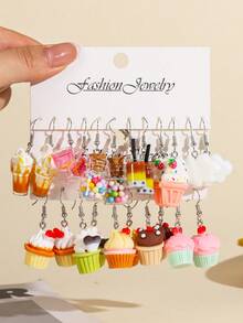 10/12/22件装女士多巴胺趣味食物玩具卡通树脂耳环套装，可爱仿真冰淇淋、蛋糕、许愿瓶吊坠耳环，礼物 - 彩色 - 查看 9