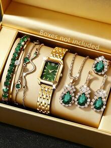 Luxury Green Fashion Ladies Watch Set: Luxury Versatile Rectangular Dial Quartz Watch, Bracelet, Necklace And Earrings Combination - Suitable For Daily Wear Or As Holiday Gift. Inlaid Diamonds, Snake-Shaped High-Grade Rhinestones, Elegant Green, Available In 1pc/5pcs Set/9pcs Set - Gold - View 1