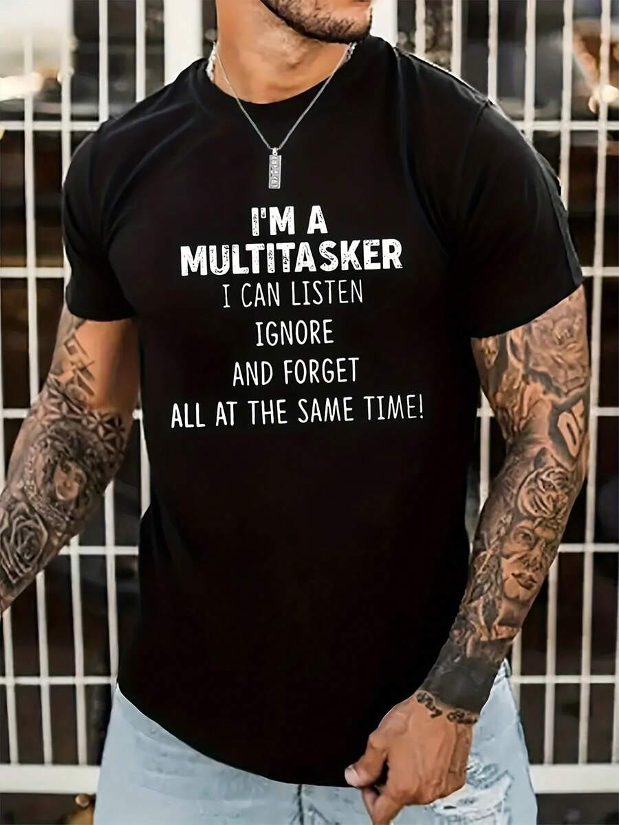 Camisetas cómodas de manga corta, camisetas gráficas de cuello redondo con la frase 'SOY UN MULTITASKER', ropa de verano para hombre, camisetas casuales. - Negro - Ver 1
