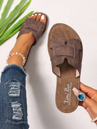 Brown Suede H-Shaped Slide Sandals For Women, Retro Round Toe Flat Slippers, Thick Soft Sole Beach Vacation Casual Slip-On Shoes, Suitable For Dresses, Jeans, Indoor & Outdoor Wear, Gentle Elegant,Summer Outfits