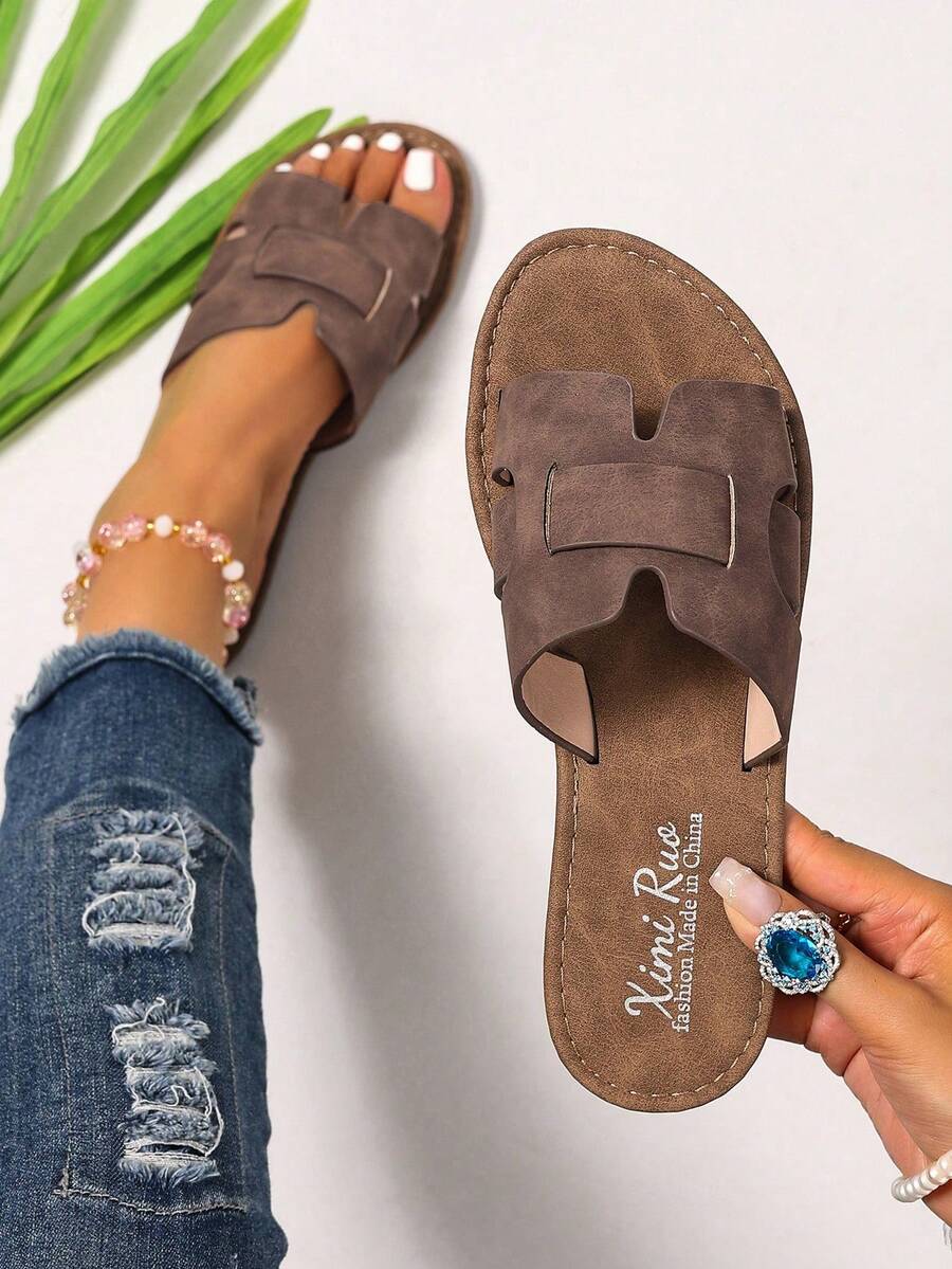 Ximi Ruo Sandal Selop Bentuk H Suede Cokelat untuk Wanita, Sandal Datar Ujung Bulat Retro, Sol Tebal dan Lembut, Sepatu Selop Kasual untuk Liburan Pantai, Cocok untuk Dipadukan dengan Gaun - Coklat - View 1