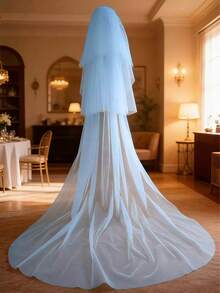 1pc Multi-Layer Bridal Veil, Wedding Photography Prop - Baby Blue - View 4