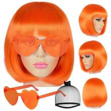 Cyberpunk Bob Wig & Glasses Set - 20+ Neon Colors With Adjustable Fringe | Multi-Tone Synthetic Hair For Cosplay, Rave, Halloween & Daily Bold Fashion (Hot Red/Lime Green/Orange/Light Pink/Plum Purple/Neon Blue/Neon Lilac/Golden Blonde/Black) - 橘色 - 查看 3