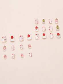 24片椭圆形假指甲套装，甜美草莓蝴蝶结卡通花朵图案，DIY美甲装饰，适合所有女性日常约会、工作和派对佩戴。按压式指甲贴片，美甲用品。 - 彩色 - 查看 2