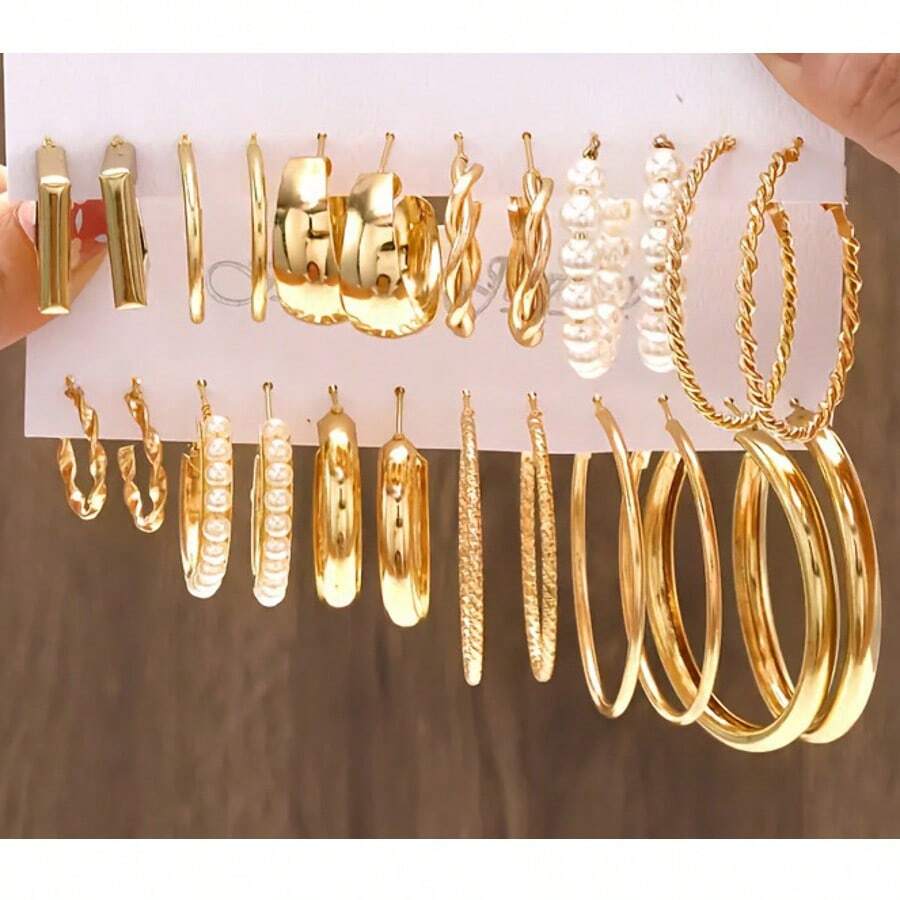 Pendientes de aro grandes y exagerados, versátiles, juego de pendientes grandes y redondos de moda, juego de múltiples piezas de pendientes para mujeres - Dorado - Ver 1