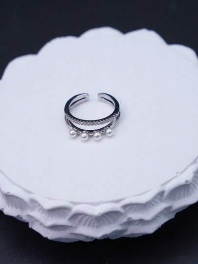 1pc Elegant Double-Layer Pearl & Adjustable Ring, Minimalist Ring For Women