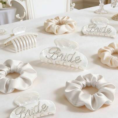 1 Set Wedding Rhinestone Hair Clip And Hair Tie Set, Elegant Bridal Hair Accessories, "Bride" Lettering Inlaid With Sparkling Rhinestones, White Hair Clips Paired With Satin Hair Ties, Bridal Gifts, Elegant Ponytail Hair Ties, Wedding Supplies, Suitable For Weddings, Parties And Everyday Wear, Wedding Hair Accessories.