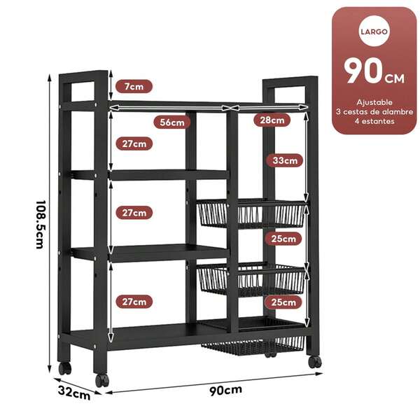 Estantería metálica de cuatro niveles con ruedas, disponible en dos tamaños: 90 cm y 120 cm.Solución de almacenamiento multiuso lista para usar.