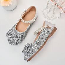 女童银色亮片公主鞋，新款上市，珍珠鞋带，水钻蝴蝶结，儿童演出礼服鞋，花童婚礼鞋 - 銀色 - 查看 5