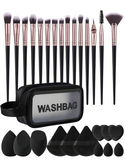 28PCS Makeup Tools Set Including:15PCS Makeup Brush Set+1pc Multi-Functional Zipper Toiletry And Cosmetic Bag Waterproof+3PCS Makeup Sponges+3PCS Mini Makeup Sponges+3PCS Triangle Powder Puffs+3PCS Mini Air Cushion Powder Puffs