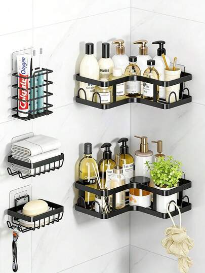 Five-Piece Bathroom Wall-Mounted Storage Rack Set, Rust-Proof Material, Space-Saving Shower Rack, For Storing Shampoo, Conditioner, Shower Gel, And Toiletries/Cosmetics, Drill-Free Installation, Stylish Modern Design, Five-Piece Black Set.Mother's Day Gift
