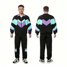 2pcs Set (Top + Pants) 80s Disco Sports Jacket And Pants, Retro Jogging Suit, 80s Theme Party - Black - View 10