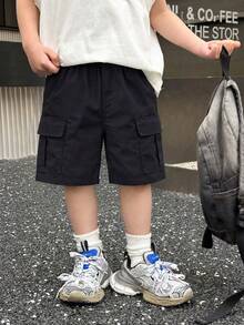 1 Stück Kleine Jungen, vielseitige Mode Cargo Shorts mit großer Tasche und geradem Bein - Schwarz - Übersicht 7
