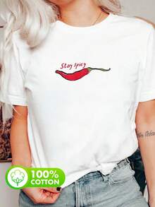 女士简约100%纯棉火红辣椒图案圆领短袖休闲春夏女式上衣，时尚百搭的白色优雅T恤，适合派对、度假、日常穿着。 - 白色 - 查看 4