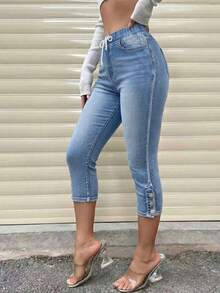 New Women's High-Waisted, Stretchy, Side-Button Drawstring Cropped Jeans, Machine Washable, Suitable For Spring And Autumn. - 藍色 - 查看 5