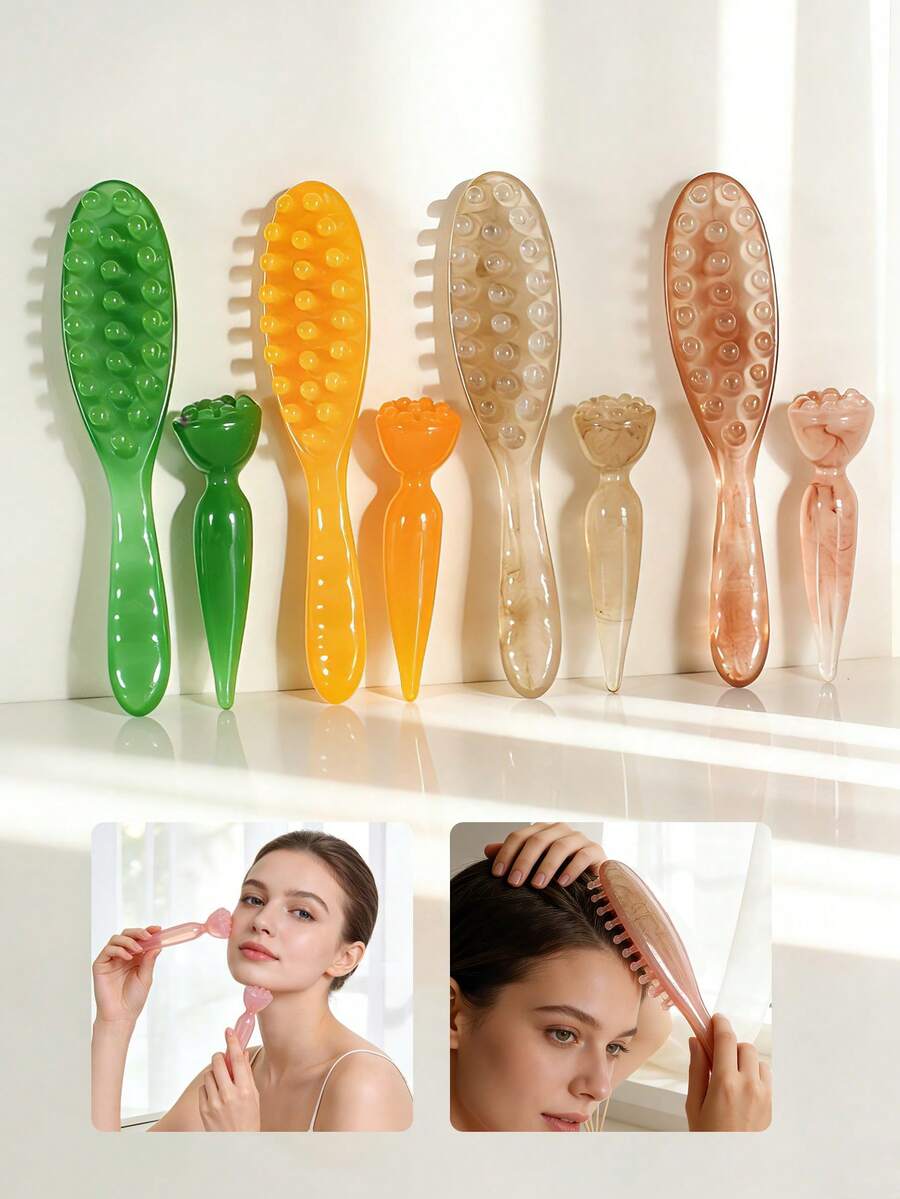 Bộ 2 lược massage răng thô tròn mịn, lược hoa sen, dụng cụ làm đẹp da mặt, kiểu dáng Ins màu xanh lá cây/cam/xám/hồng, tay cầm thon gọn, lược massage răng thô, lược hoa sen, dụng cụ làm đẹp da mặt, que massage mặt, que làm đẹp, nâng và làm săn chắc da, thư giãn, sử dụng tại salon và nhà, chăm sóc tóc hàng ngày, khoảng 23CM